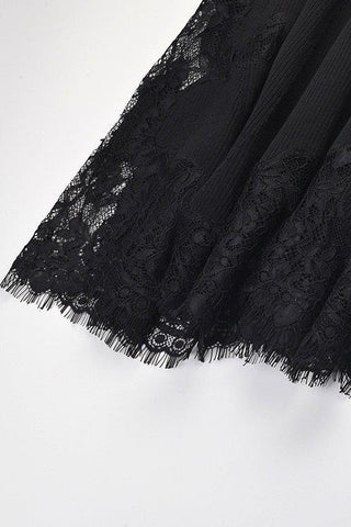 Ribbed Knit Scoop Neck Short Sleeve Long Dress with Lace Trim & Flared Hem