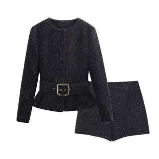 Long Sleeve Textured Tweed Jacket with Gold Buckle Belt & High-Waisted Shorts Set