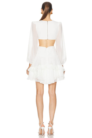Chiffon Cut-Out Mini Dress – Long Sleeve Pleated Ruffle Dress