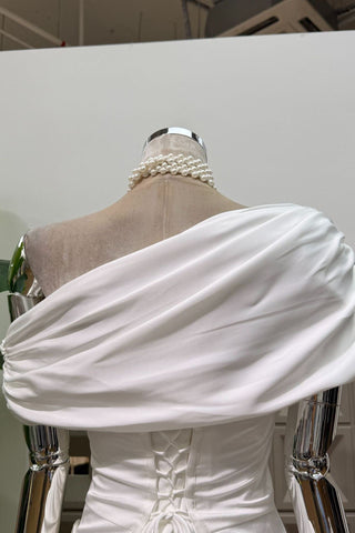 Satin Draped Off-Shoulder Sleeveless Mini Dress with Lace-Up Back