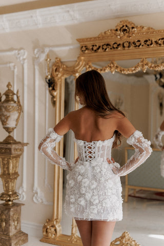 Floral Appliqué Corset Mini Dress with Lace Sleeves