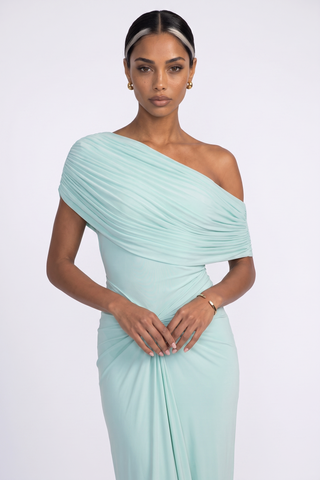 One-Shoulder Long Dress – Gathered Front, Fitted Waist & Floor-Length Design