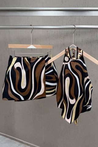Abstract Swirl Print Satin Halter Top & High-Waisted Mini Skirt Set