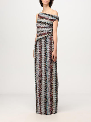 Zigzag Knit One-Shoulder Short Sleeve Long Dress