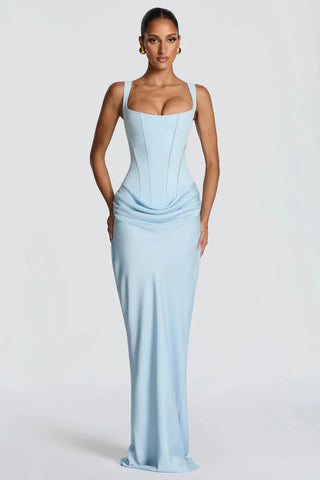 Romantic Sleeveless Corset Long Dress with Draped Waist & Lace-Up Back