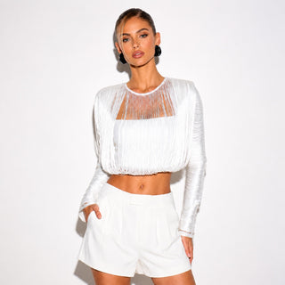 Fringe Long Sleeve Crop Top & High Waist Long Skirt Set