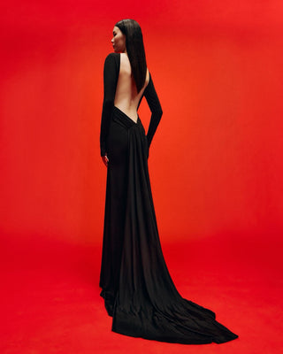 Stretch Jersey Open-Back Draped Long Dress