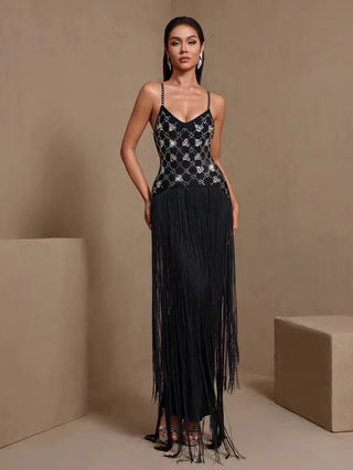 Embellished Fringe Strap Long Dress