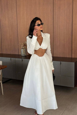 Cropped Shirt & Full Skirt Set – Long Sleeve Two-Piece Set