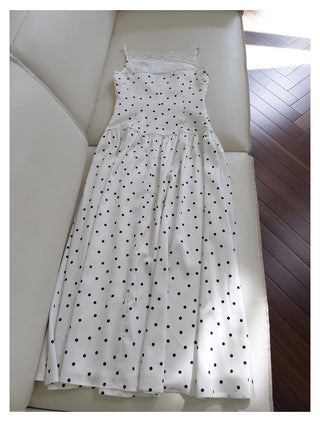 Polka Dot Lace Panel Ruched Midi Dress