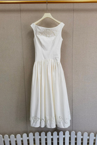Boat Neck Midi Dress – Gathered Waist, Sleeveless Design & Cutout Details