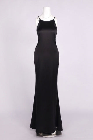 Satin Halter Long Dress with Crystal Open Back Detail