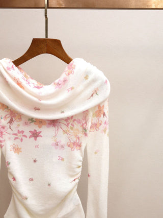 Floral Print Draped Neck Knit Long Sleeve Ruched Fitted Top