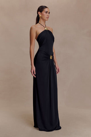 Gold Detail Halter Long Dress – Sleeveless Open Back, Ruched Waist & Floor-Length