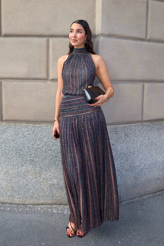 Shimmer Striped Halter Neck Top & Long Skirt Set