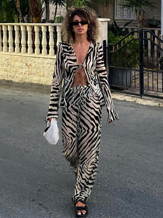 Zebra Print Tie-Front Two Piece Set with Long Sleeve Top & Wide Leg Pants
