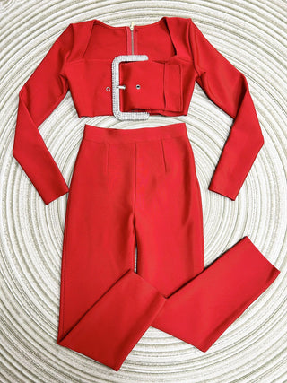 Crystal Buckle Cropped Top & Tailored Pants Set