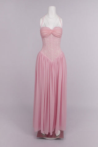 Lace Corset Halter Long Dress – Pleated Chiffon Evening Dress