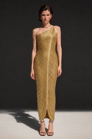 One-Shoulder Metallic Fringe Bandage Midi Dress with Back Slit