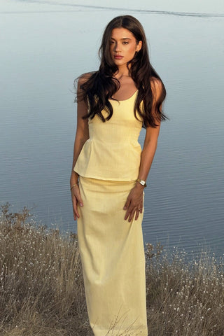Sleeveless Linen-Blend Peplum Top & Long Skirt Co-Ord Set with Lace-Up Back
