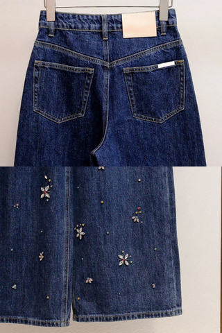 High-Waist Embellished Wide-Leg Denim Jeans with Crystal Floral Detailing