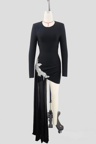 Embellished Long Sleeve Bandage Dress with Asymmetric Sheer Drape