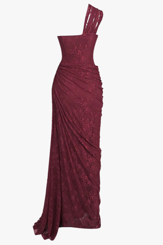 One-Shoulder Lace Long Dress with Sculpted Corset Fit
