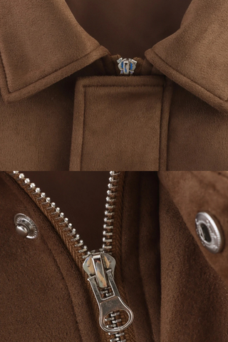 Oversized Faux Suede Jacket with Shoulder Flap Detail and Elastic Hem