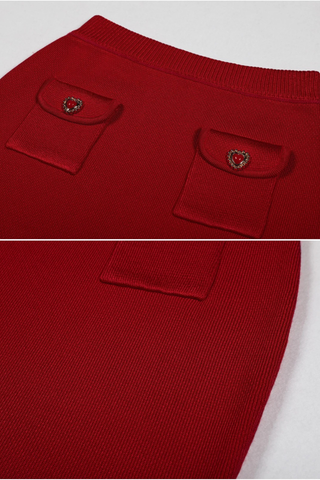 Heart-Button Knitted Cardigan and High-Waist Pencil Skirt Two-Piece Set