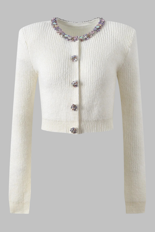 Short Knit Cardigan with Jewel-Embellished Round Neck and Buttons