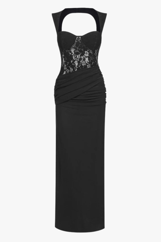 Lace Corset Draped Bodycon Long Dress with Cap Sleeves