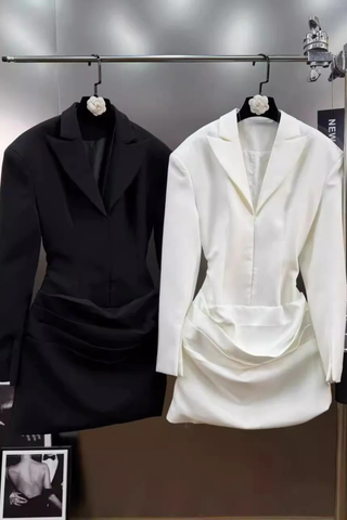 Draped Blazer Mini Dress – Tailored Long Sleeve Tuxedo Style