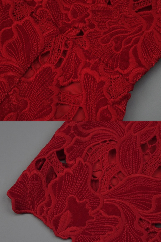 Red Lace Mini Dress – Long Sleeve Floral Embroidery, Scalloped Hem, Belted Waist