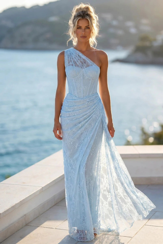 One-Shoulder Lace Long Dress with Sculpted Corset Fit