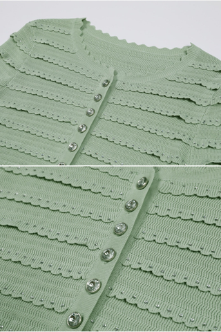 Knitted Two-Piece Set with Rhinestone Detailing – Cardigan & Midi Long Skirt