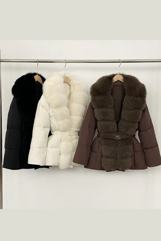 Belted Puffer Jacket with Faux Fox Fur Collar and Front Panel