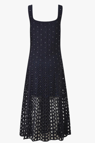 Crochet Knit Midi Dress with Crystal Embellishments & Sleeveless Square Neck Design