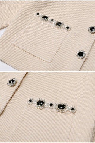 Embellished Pearl and Rhinestone Knit Cardigan with Matching Flared Midi Skirt Set