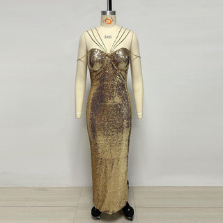 Crystal Strap Sequin Corset Bodycon Long Dress