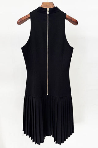 Chic High Neck Sleeveless Mini Dress with Pleated Skirt and Statement Belt Detail