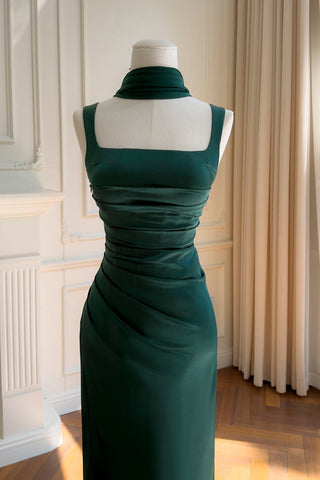 Ruched Square Neck Sleeveless Satin Draped Back Long Dress