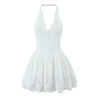 Eyelet Embroidered Halter Mini Dress