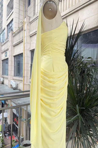 Strapless Ruched Long Dress with Lace-Up Back & High Slit