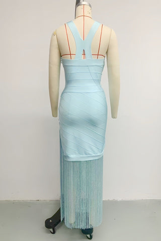 Luxe Sleeveless Fringe Bandage Midi Dress with Deep V-Neck