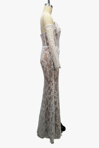 Floral Lace Corset Off-Shoulder Long Dress with Sheer Lace Sleeves