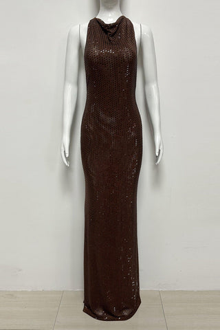 Embellished Cowl Neck Open Back Long Dress