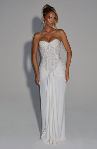 Sequin Corset Strapless Sweetheart Ruched Draped Long Dress