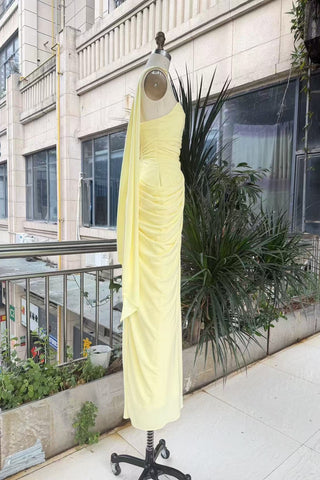 Strapless Ruched Long Dress with Lace-Up Back & High Slit