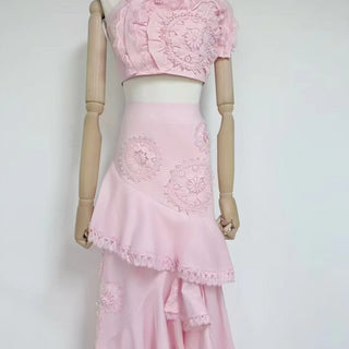 Strapless Lace Appliqué Crop Top & Tiered Asymmetric Long Skirt Set