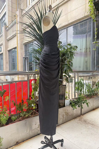 Strapless Ruched Long Dress with Lace-Up Back & High Slit